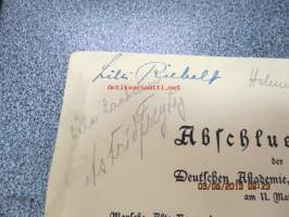 Abschlussfeier der Deutschen Akademie, Lektorat Turku am 11. Mai 1944 -päätösjuhlan ohjelma, allekirjoituksia mm. Astrid Freytag, Kerttu Elima, Estella Pekkola,