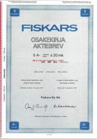 Fiskars Oy Ab  5x 20 mk   , osakekirja,  Fiskars 15.9.1987