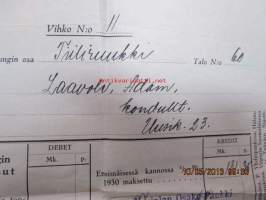 Viipurin kaupungin kunnallismaksut v. 1929 Tiiliruukki talo nr 60 -lasku