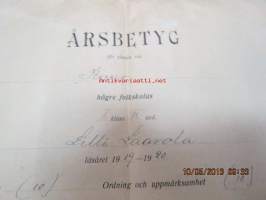 Årsbetyg för eleven vid Kimo (Vasa) högre folkskolas I klass Lilly Laavola läsåret 1919-1920