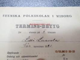Svenska Folkskolan i Wiborg (Viipuri) - Termins-Betyg för eleven Lilly Laavola vårtermin 1921