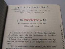 Littoinen Oy verkatehdas hinnasto nr 16 (Arno Norla?)
