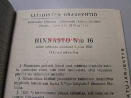 Littoinen Oy verkatehdas hinnasto nr 16 (Arno Norla?)