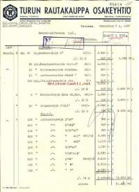 Turun Rautakauppa Oy lasku 2-sivuinen 1957  - firmalomake
