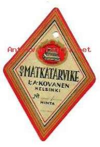 Matkatarvike L A Kovanen  tuotemerkki tuote-etiketti  7x5 cm