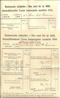 Kunnallismaksut 1893 ja 1910  Turun kaupungissa 2 kpl