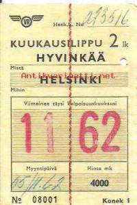 Kuukausilippu 2 lk 5.11.1962 Hyvinkää-Helsinki