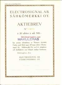 Sähkömerkki  Oy, 20x500 mk  osakekirja, Helsinki