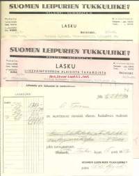 Suomen Leipurien Tukkuliike Oy 2x lasku ja kuitti 1942  firmalomake 3 kpl