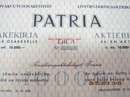Henkivakuutusosakeyhtiö Patria Livförsäkringsaktiebolaget, 1 osake á 10 000 mk, Helsinki 1950 -osakekirja