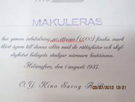 Kino Savoy Oy, 1 osake á 1 000 mk, Helsinki 1937 -osakekirja