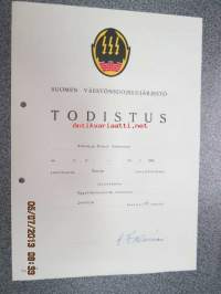 Suomen Väestönsuojelujärjestö Todistus väestönsuojelujohtakurssi 1966 / Klaus Stenroos -todistuskirja