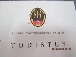 Suomen Väestönsuojelujärjestö Todistus väestönsuojelujohtakurssi 1966 / Klaus Stenroos -todistuskirja