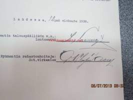 Palvelustodistus korpraali Klaus Aarne Stenroos toiminut Tampereen Rykmentin kirjurina kassatoimistossa.... 12.8.1938 -todistus