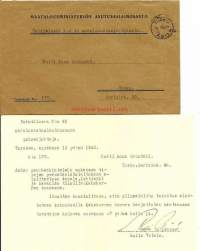 Maatalousministeriön Asutuslainaosasto firmakuori 14.9.1945 ja maanlunastuslautakunnan kokouskutsu 27.9.-45