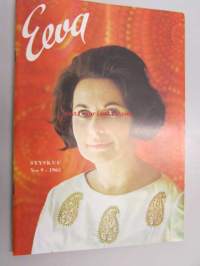 Eeva 1965 nr 9, (kansikuva Hilkka Korhonen), Anita Välkki, elämäni Picasson kanssa osa 3, Nina Terno, näin asuu arkkitehtiperhe - Toivo ja Hilkka Korhonen
