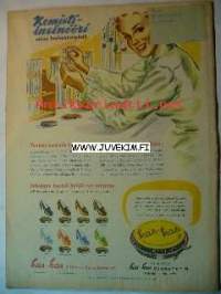 Kotiliesi 1949 nr 13 ilmestynyt 1.7.1949, ajankuvaa, mainoksia (mm. nelivärinen piirros Fazer marmeladi ja Hangon leivinjauhe yhdessä eli kakkukaksoset)