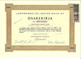 Leppämäen Veljesten Saha  Oy , 20 000 mk  osakekirja, Karinainen 1959
