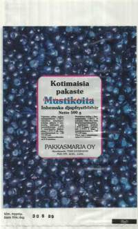 Pakkasmarja Oy Suonenjoki käyttämätön tuotepakkaus, tuote-etiketti Mustikoita  1980-luku