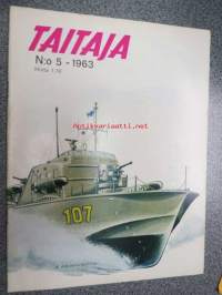 Taitaja 1963 nr 5, ilmojen aristokraatteja De Havilland DH. 98 Mosquito, Taitaja testaa Emco Unimat, puusorvi. Pikkulasten keinutuoli teko-ohje.