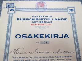 Osakeyhtiö Piispanristin Lähde Aktiebolag, Herra Konrad Mattson, Kaarina 1932, 500 mk -osakekirja nr 57