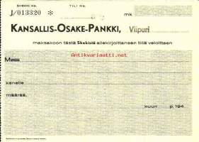 Kansallis-Osake-Pankki Viipuri 194x, blanco shekki