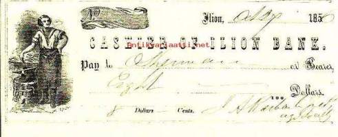 Cashier of Ilion Bank, kirjoitettu shekki 8 dollaria 1856 , mitätöity ristiin viiltämällä