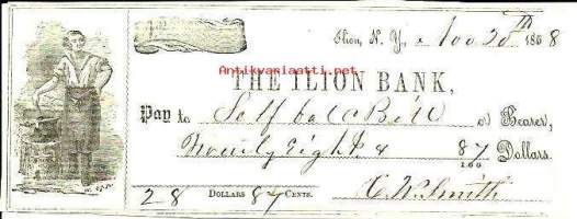 The Ilion Bank, kirjoitettu shekki 20 dollaria ja 87 centtiä  1858 , mitätöity ristiin viiltämällä