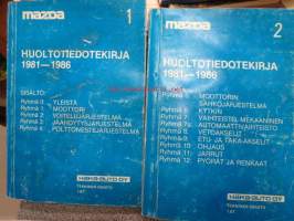 Mazda huoltotiedotekirjat 1981-86, 1987, 1989, 1990, 1991, 1993, 8 kpl maahantuojan huoltotiedotteita korjaamokäyttöön kirjoiksi koottuna