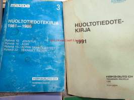 Mazda huoltotiedotekirjat 1981-86, 1987, 1989, 1990, 1991, 1993, 8 kpl maahantuojan huoltotiedotteita korjaamokäyttöön kirjoiksi koottuna