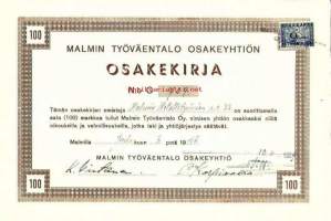 Malmin Työväentalo Oy  osakekirja sarja C,  Malmilla  8.12.1946