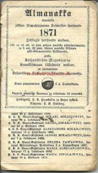 Almanakka 1871 -   kalenteri,  merkintöj,ä nidottu kansiin