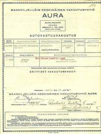 Maanviljelijäin Keskinäinen Vakuutusyhtiö Aura Helsinki 1937 liikennevakuutuskirja - vakuutuskirja