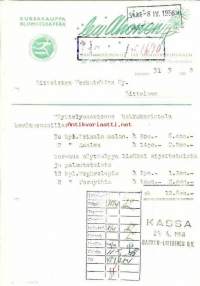 Kukkakauppa Lea Ahonen Littoisten Verkatehdas Oy:n Kevätmessujen näyttelyosaston kukkakoristelu lasku 1958 - firmalomake