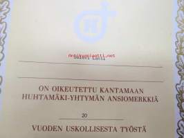 Huhtamäki Oy 20-vuotis palvelusmerkin myöntökirja, Uolevi Lahti, 1983