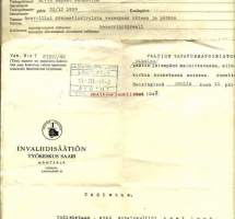 Reservinkorpraali haavoittui kranaatinsiruista ... käteen ja päähän ..22.12.1939  - valtion tapaturmaviraston ja Invaliidisäätiön dokumentteja 3 kpl