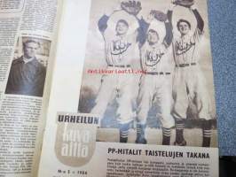 Urheilun Kuva-aitta 1954 nr 5, sis. mm. seur. artikkelit, kuvat, mainokset; Kansikuva John Landy / Denis Johansson, Jyväskylä - pesäpalloilu, Kalevi Lehtovirta,