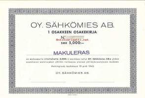 Sähkömies Oy, 5 000 markan  osakekirja, Helsinki 19.5.1945