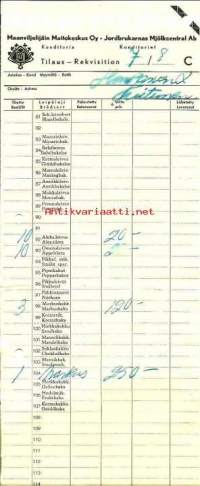Maanviljelijäin Maitokeskus Oy Konditoria, tilaus mm 10xomenaleivos  - firmalomake  1953