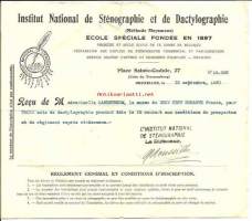 Institut National de Stenographie et de Dactylographie Brussels  1930 kuitti - koulutodistus  firmalomake