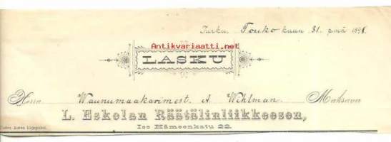 L.Eskolan Räätälinliike Iso Hämeenkatu 22 Turku 31.5.1898 lasku  - firmalomake leikattu yläosa