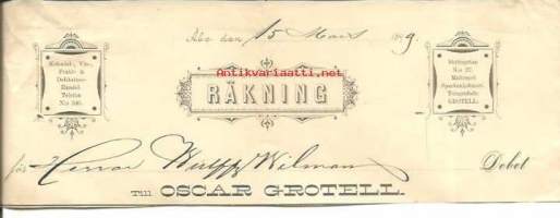 Oscar Grotell Kolonial- Vin- Fruct &amp; Delikatess-Handel Åbo 15.3.1899 lasku  - firmalomake leikattu yläosa