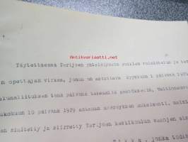 Terijoen keskikoulun poikain voimistelunopettajan virkaan nimitetty K.V. Tikka.... 17.5.1929 -asiakirja