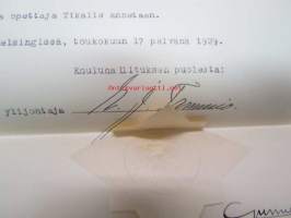 Terijoen keskikoulun poikain voimistelunopettajan virkaan nimitetty K.V. Tikka.... 17.5.1929 -asiakirja