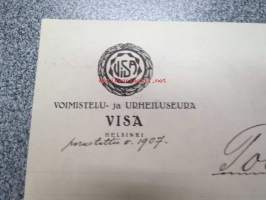 Voimistelu- ja Urheiluseura Visa, Helsinki, Todistus, että Kaarlo Tikka on toiminut mainitun seuran voimistelujohtajana... 27.1.21922 -asiakirja