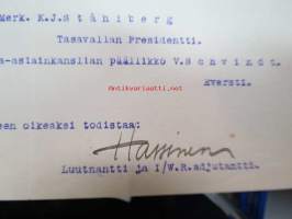 Tasavallan Presidentin sotilaskäsky, 25.5.1921 - lyhennysote - luutnantti Kaarlo Tikka siirto nostoväkeeen omasta pyynnöstä.... -asiakirja