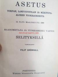 Uusi maanvuokra-asetus 12 p:ltä maaliskuuta 1909 - Asetus torpan, lampuotitilan ja mäkitupa-alueen vuokrauksesta - maanomistajia ja vuokramiehiä varten -