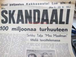 Skandaali 1955 nr 1, sis. mm. artikkelit: 100 miljoonaa turhuuteen, Onko Tampereella asuntokurjuutta?, Elanto hintakiskurina, Helsingin kurjat raitiotieolot,