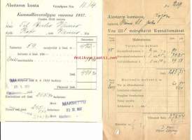 Alastaron kunnassa Kojon kylässä  Wainion tila  vuonna 1921  maksettavat kunnallismaksut   ja Kunnallisverolippu 1937- firmalomake 2 kpl