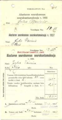 Alastaron seurakunnan seurakuntamaksuja  1935, 1937 ja 1938 - firmalomake 3 kpl